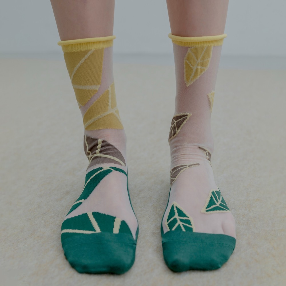 Lemon Leaf Asymmetric Crew Socks — Made in Japan product image