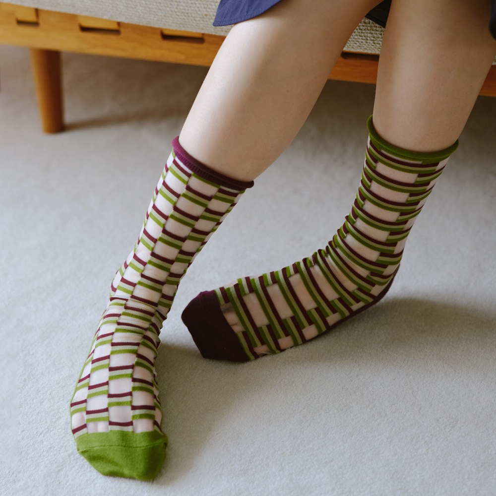 Bits Border Sheer Socks — Asymmetric, Made in Japan product image