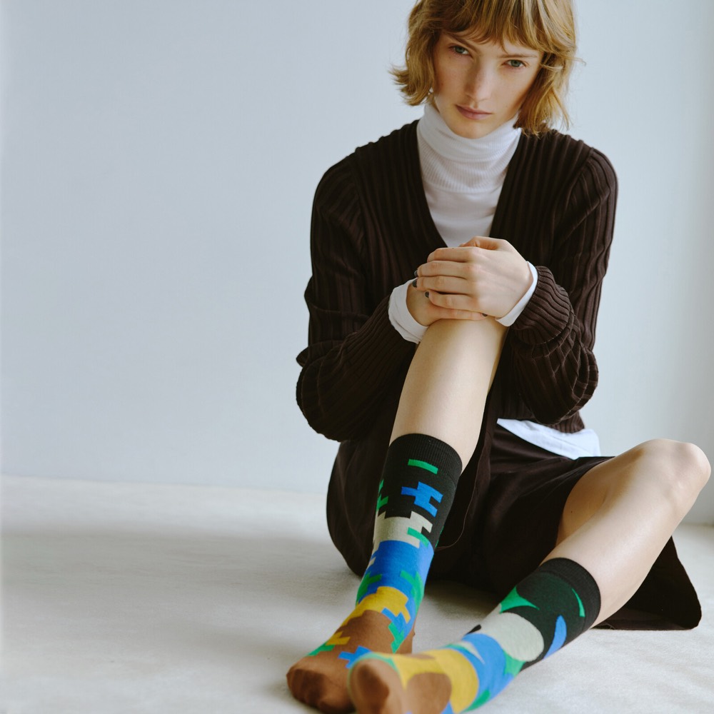 Pixel Flower Asymmetric Crew Socks — Made in Japan product image