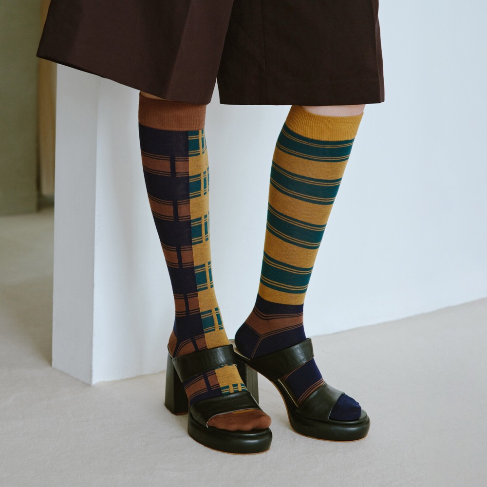 Patch Patch Asymmetric Knee-High Socks — Made in Japan product image