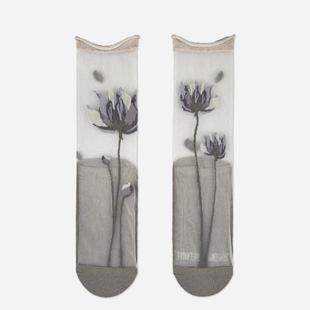 Grey Bloom Sheer Socks — Asymmetric, Made in Japan product image